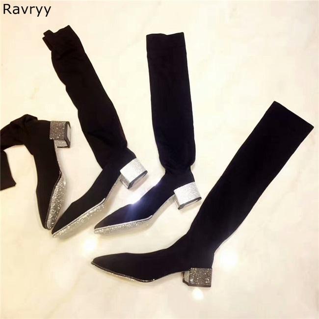 

2020 hot fashion elastic over-the-knee boots bling bling rhinestone decor square heel woman long boots pointed toe female shoes, Black