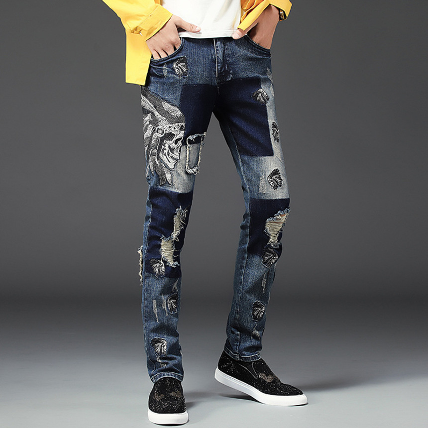 

Pierced jeans embroidered small straight personalized patch print, Blue