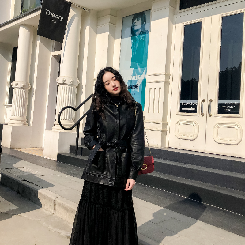 

Spring Loose Design Big Mid-long Pocket Belt Long Female Sleeve Lady Plutonium Leather Jacket Nohb, Brown