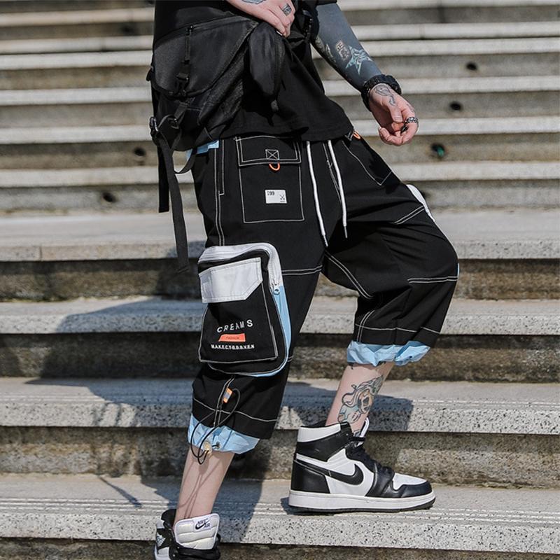 

Techwear Cargo Hip Hop Letter Patchwork Pants Men Calf-length Japan Style Streetwear Trousers Pockets Casual High Street Pants, Black pants