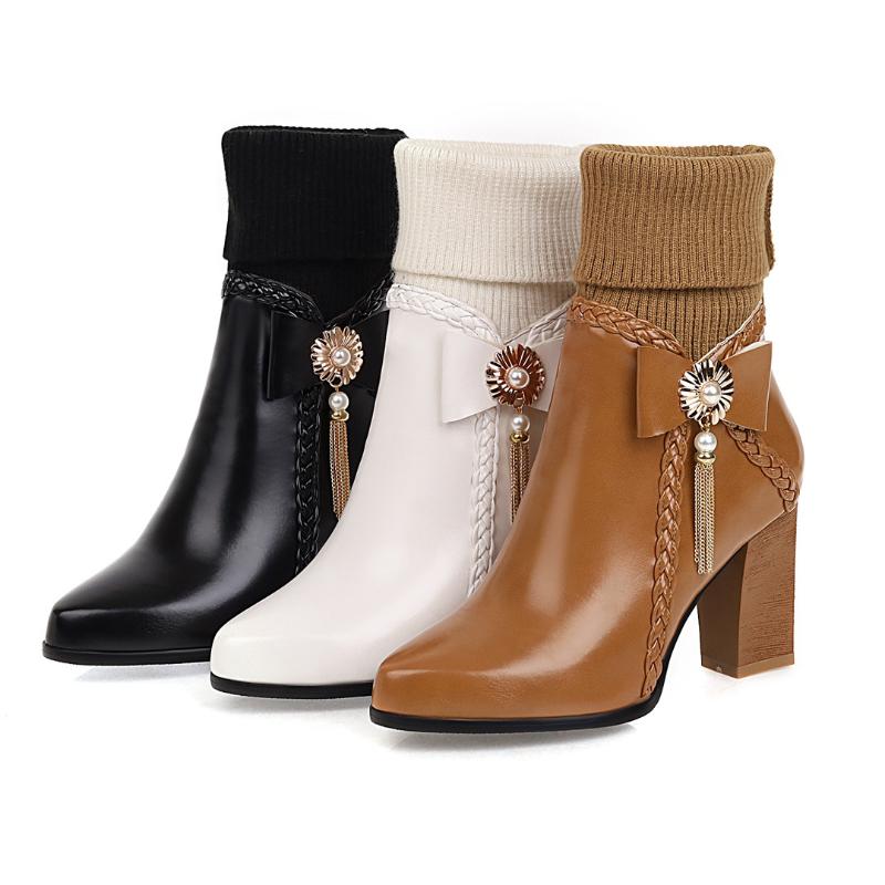 

Women's Mid Calf Boots Shoes Luxury Designer Round Toe Boots-Women Low Rubber High Heel Pointy Fashion Ladies 2020