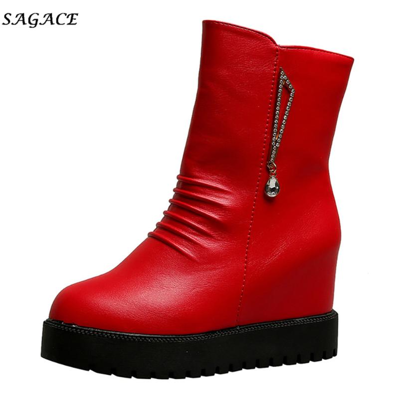 

CAGACE Shoes Women Winter Crystal Warm Zipper Boots PU Thick Heels Short Boots Ladies Basic 2cm Heel For Women, Black