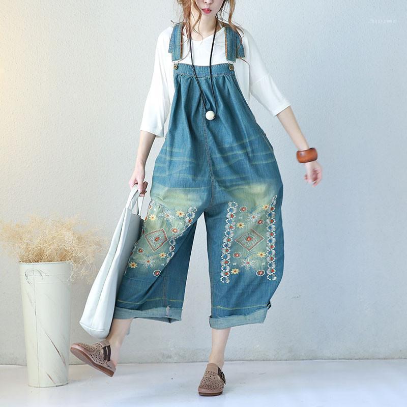 

Women's Jumpsuits & Rompers Embroidered Jumpsuit Women Casual Loose Fit Female Light Blue Summer Commuter Denim Ankle Length