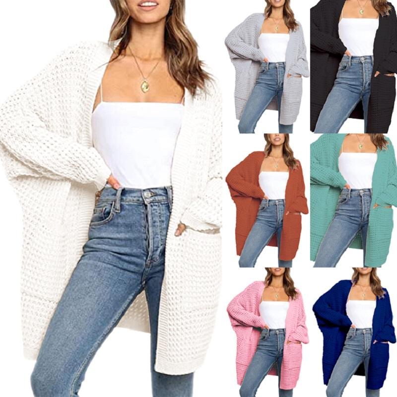 

2020 Autumn Woman Loose Sweater Cardigan Solid Bat Sleeve Buttonless Thick All-match Long Sleeve Knitting Outerwear Pocket, Black