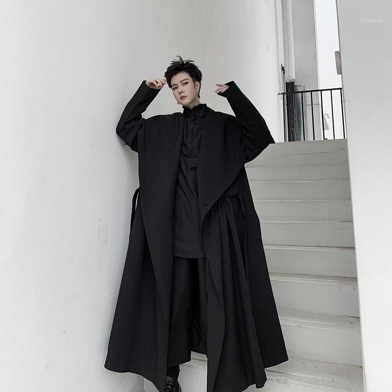 

Men's Trench Coats Men Japan Street Dark Black Style Big Collar Coat Outerwear Male Long Lace Belt Cardigan Jacket Windbreaker Overcoat1, 3930