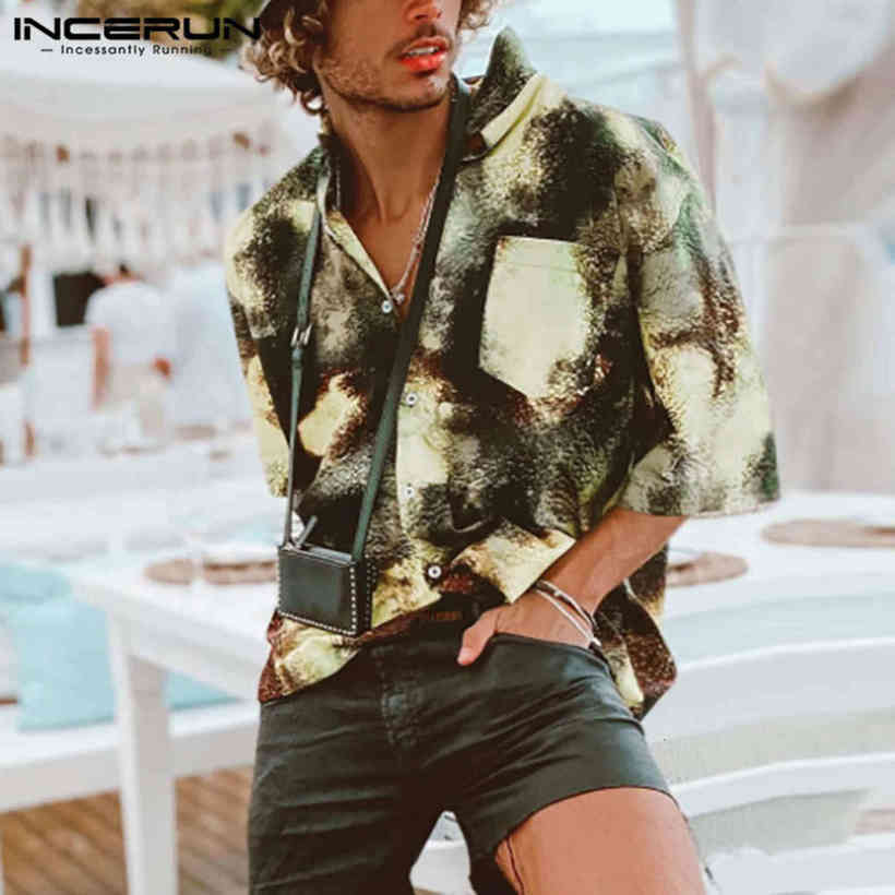 

Incerun Men Casual Shirt Print Losse Summer Revers Short Mouwen Hawaiian Shirts Streetwear Breathing Camisa Masculina, Army green