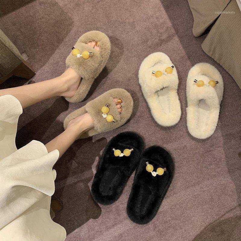 

New Furry Slippers Women Shoes 2020 Autumn Fashion Outside Wear Flat Non-Slip Warm Fluffy Thick Cotton Slippers Slides Plus Size1, Beige