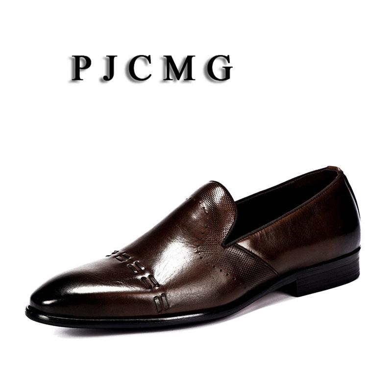 

PJCMG New Breathable Mens Business Slip-On Black/Red Pointed Toe Formal Dress Genuine Leather Wedding Oxfords Office Shoes