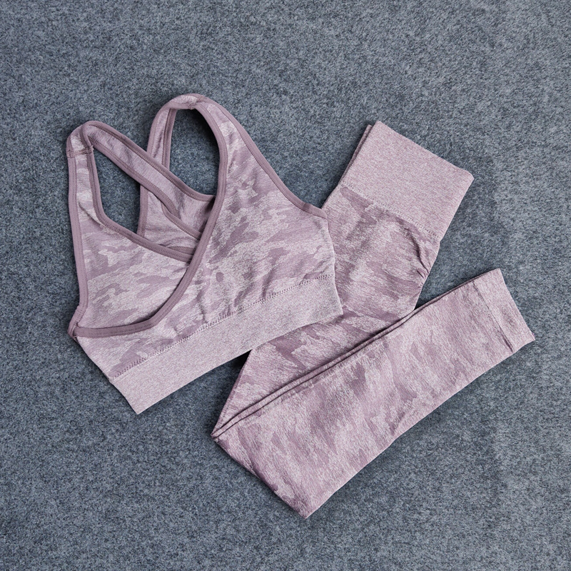 

2Pcs Women Yoga Set Seamless Camouflage Fitness Clothing Sportswear Gym Leggings Padded Push Up Strappy Sports Bra Sports Suits, Purple bra