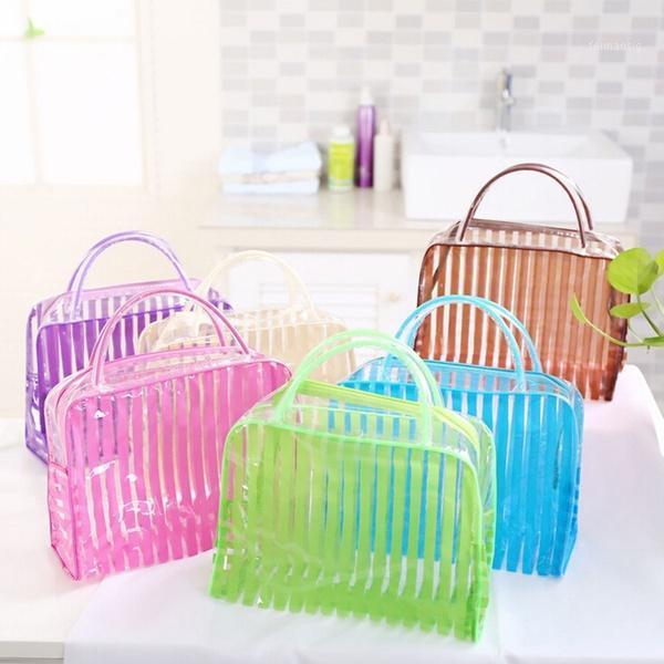 

Transparent Stripe Cosmetic Makeup Waterproof Travel Wash Storage Bag Bath Bags1, Beige
