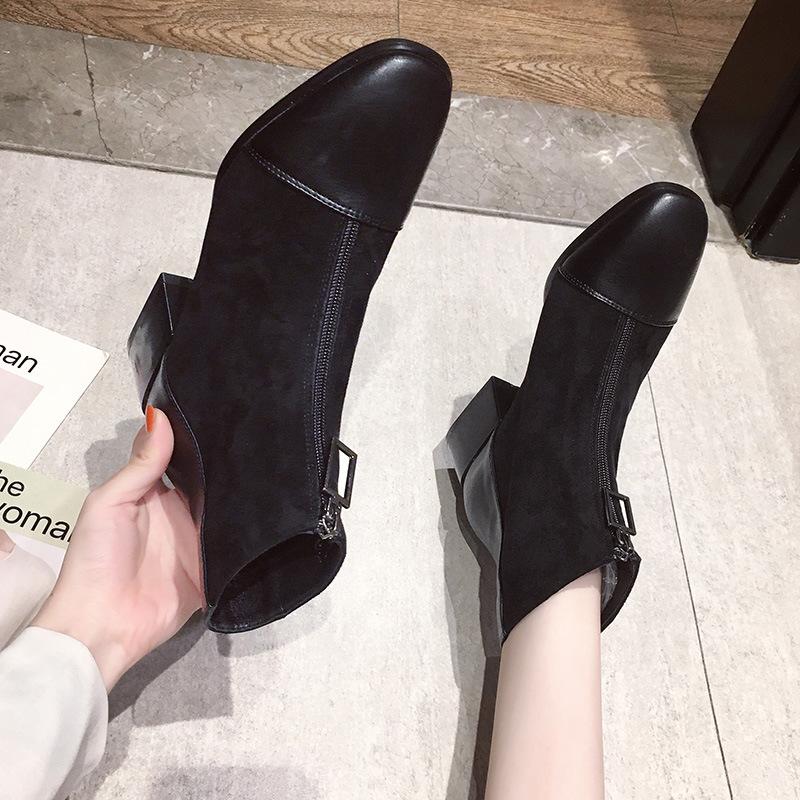 

British-Style Boots Girl Autumn Short Boots Chunky-Heel Square Head Bla And White With Pattern Thin Lady Shoes -40, As pic