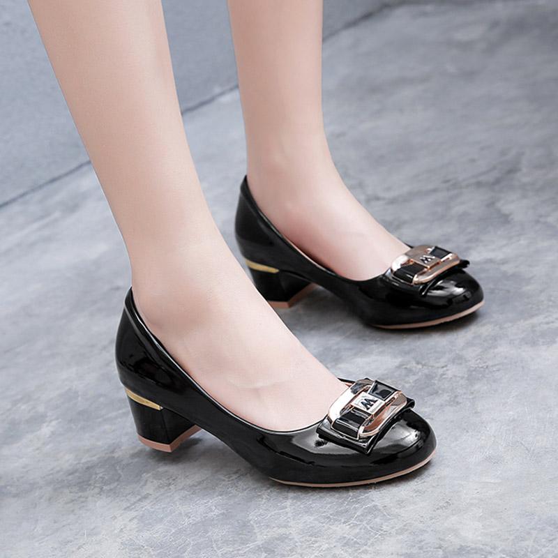 

Spring Women Dress Shoes Patent Leather High Heel Pumps Metal Boat Shoes Medium Heeled Single Woman zapatos mujer N7109G, Beige