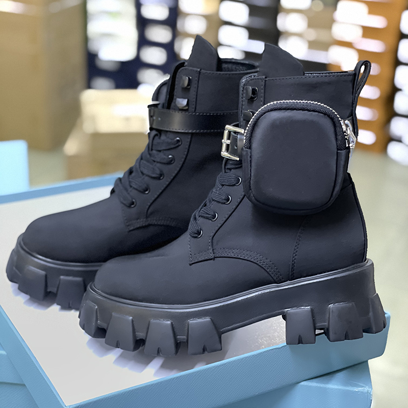 

Women Rois Boots Nylon Derby Martin boots Top Quality Battle Leather Ankle Shoes Black Rubber Sole Platform Shoes Nylon Pouch With Box, Color 1 calf leather