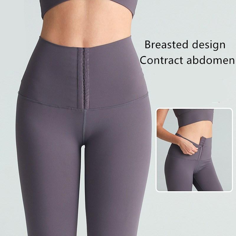 

Shrink Abdomen High Waist Yoga Pants Breasted Design Sport Women Fitness Gym Workout Leggings Running Training Tights Activewear, Black