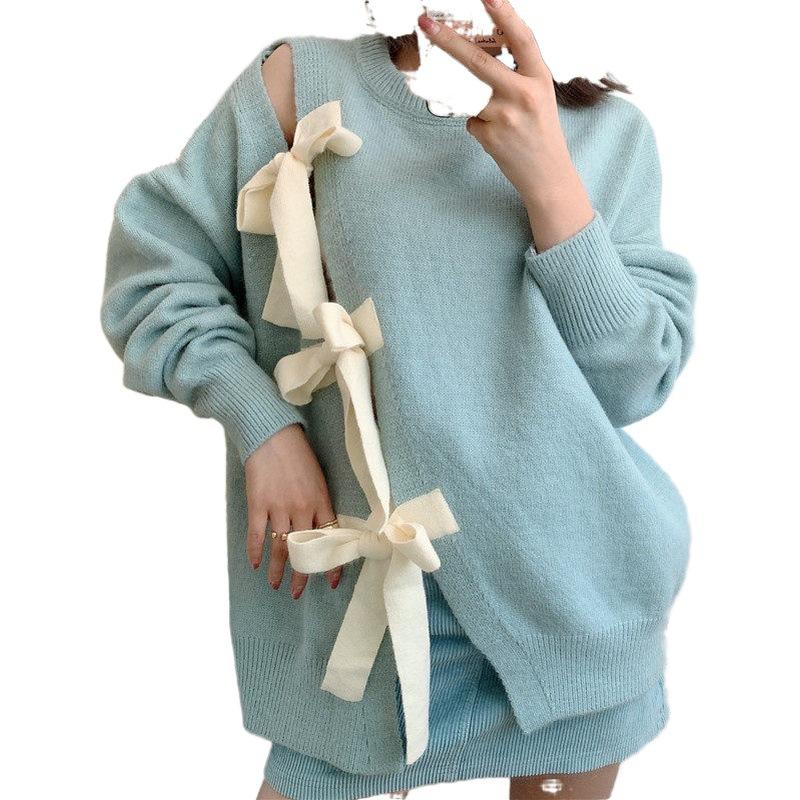

Fashion Korean Bow Tie Hollow-out Split Pullover Sweater Women O-neck Knitted Tops 2020 Autumn Winter Jumper Cropped Sweater, Black