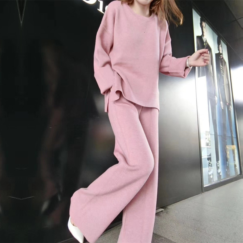 

2021 New Elegant Female Set of Two Oversized Solid Neck-flat Mesh Pullovers Elastic Waist Leg Loose Winter Pants AMU7, Pink.