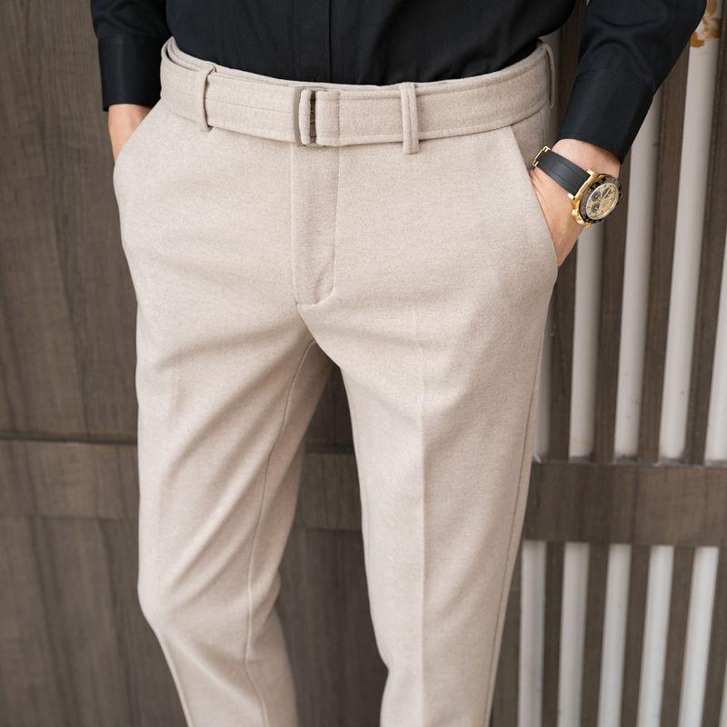 

Men's trousers 2020 autumn new slim woolen cloth with belt three-color trousers relaxed casual personality youth men's wear, Black