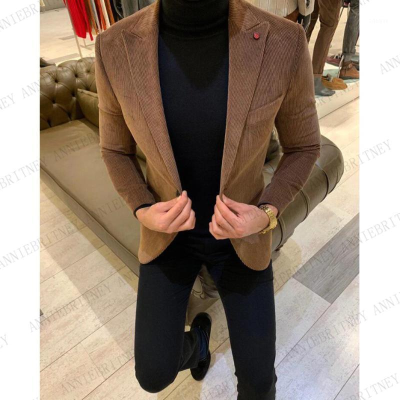 

2020 Brown Corduroy Men Blazer Slim Fit Man Self-cultivation Leisure Tide Jacket Hombre Business Suit Tailored Man's Suit Coat1, Blue