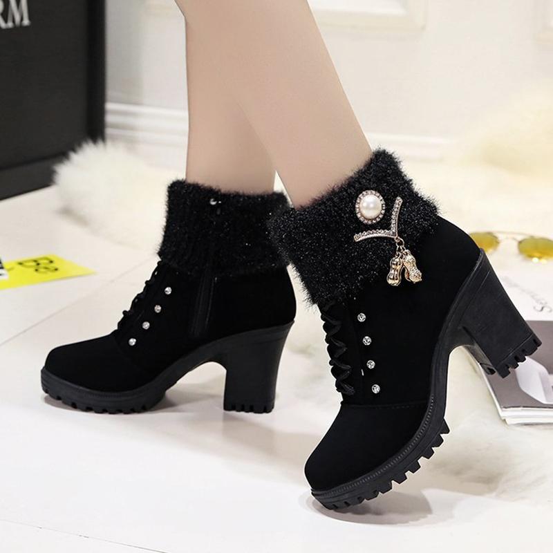

2020 Winter Shoes Women Platform Ankle Boots Rhinestone Snow Shoes Cross-tied High Heels Warm Plush Booties Botas Mujer 8373G, Black