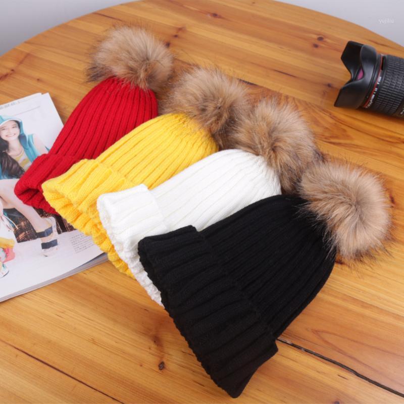 

New Bbay Hat Boys Girls Winter Knitted Beanie Ski Hats Children Kids Faux Fur Bobble Pom Baby Cap baby photography props 1-8Y1