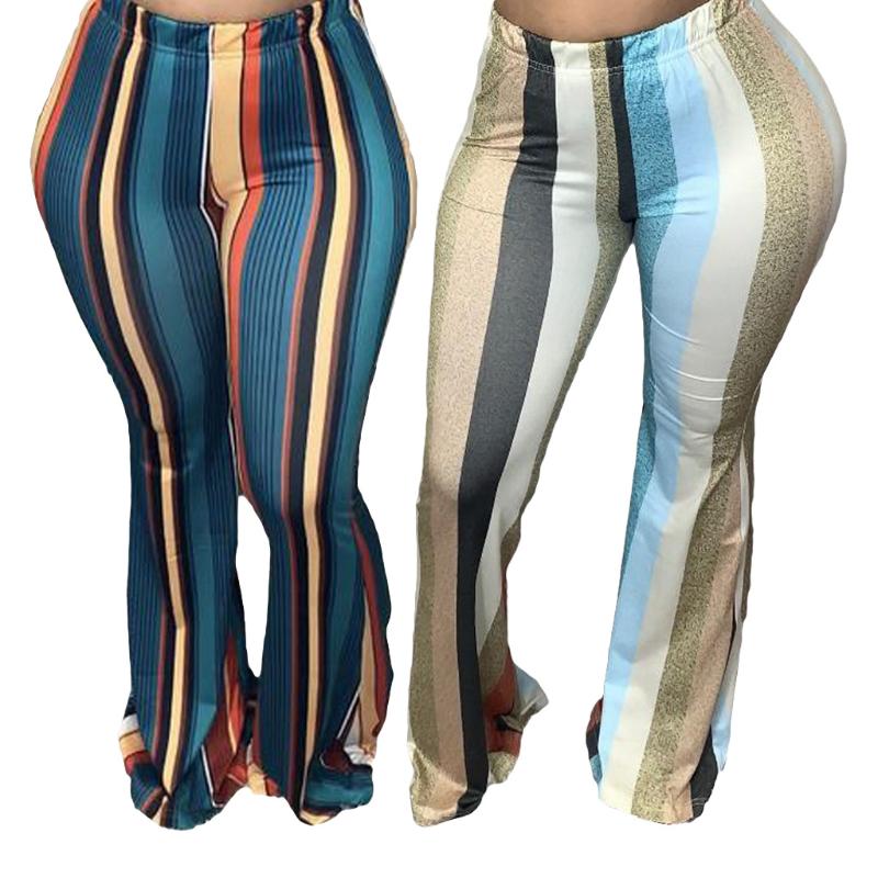 

30M7380 Autumn Winter Women Outdoor Casual Fashion Home Striped Print Flare Pants Hot, Blue