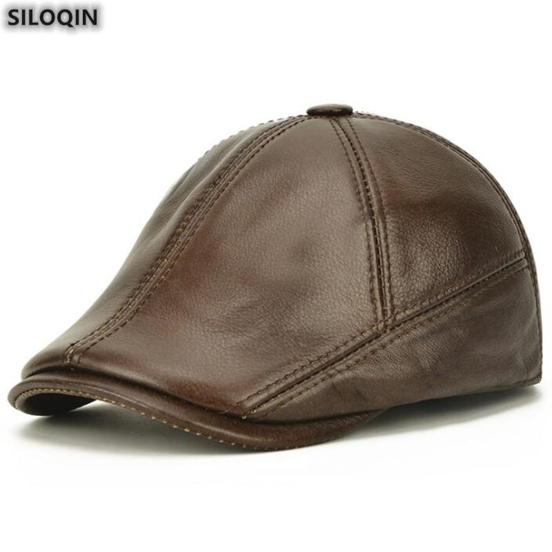 

Berets SILOQIN Genuine Leather Hat Men's Winter Fashion Cowhide Thermal Thicken Adjustable Size Ear Protection Snapback Cap, Black