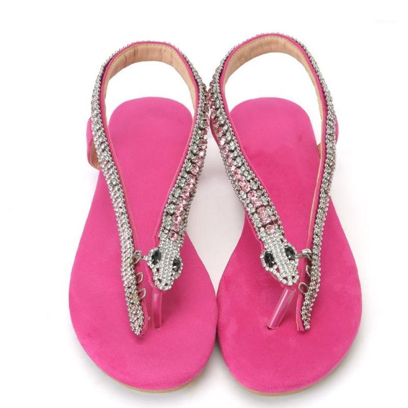 

Women Open Toe Rhinestones Crystal Snake Decor Flats Thong Toe Sandals Summer Beach Rome Gladiator1, Rose