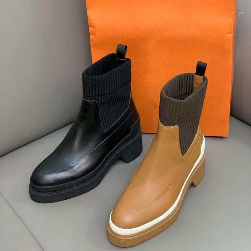 

Hot Sale Shoes Women Winter Mid Calf Women Boots Genuine Leather Stretch Fabric Med Heels Round Toe Boots Zapatos De Mujer1, As pic