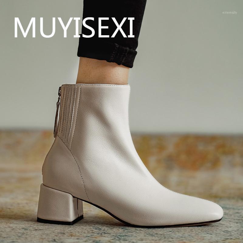 

European pure color simple style cow leather square toe 5cm med heels women daily wear winter zipper ankle boots MAK02 MUYISEXI1, Beige