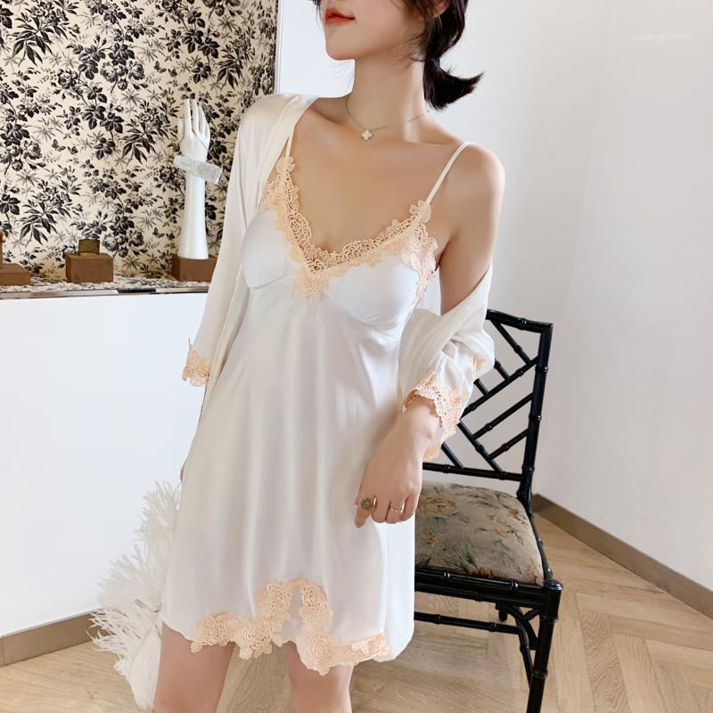 

2021 New 2 Pieces Women Pajamas Sets Faux Silk Pajamas Sleepwear Sets Elegant Sexy Lace Fashion Spring Autumn lounge wear set1, Red