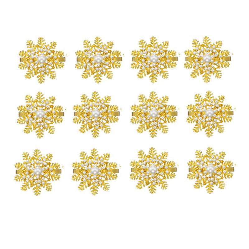 

12 Pieces of Snowflake Napkin Ring Pearl Napkin Ring Christmas Holder Buckle Metal Flower Buckle