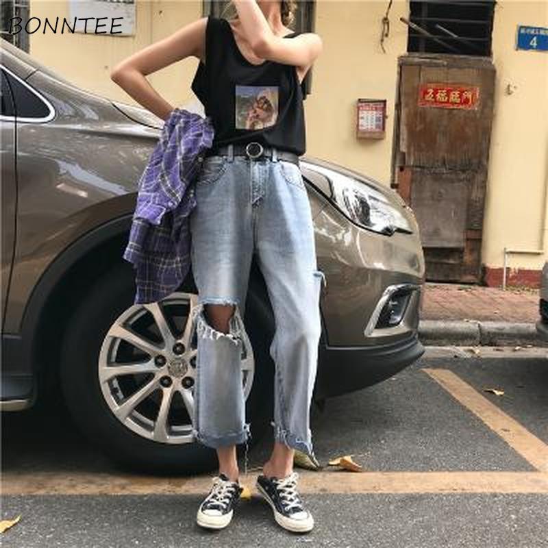 

Jeans Women Vintage Washed Ripped Hole Chic High Waist Streetwear Ulzzang Hip Hop Wide Leg Ankle-length Trousers Trendy Female, Blue no belt