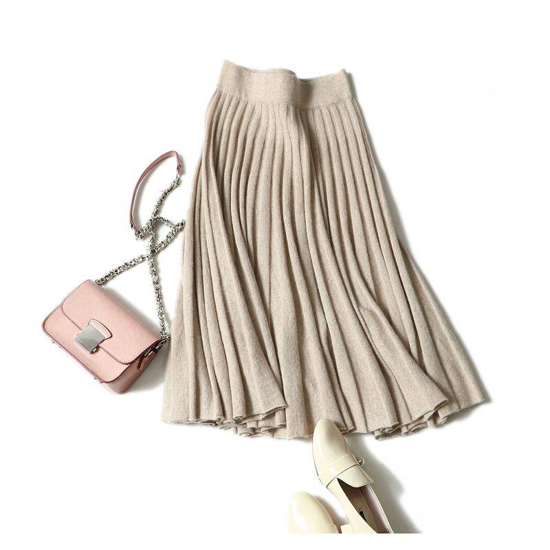

women's casual high waist cozy quality 100% cashmere pleat skirt, Beige