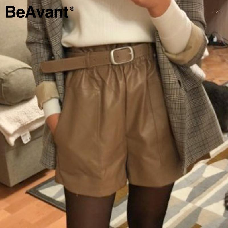 

BeAvant high elastic waist shorts elegant women pu leather belt sash casual shorts female 2020 spring summer bottoms chic1, Black