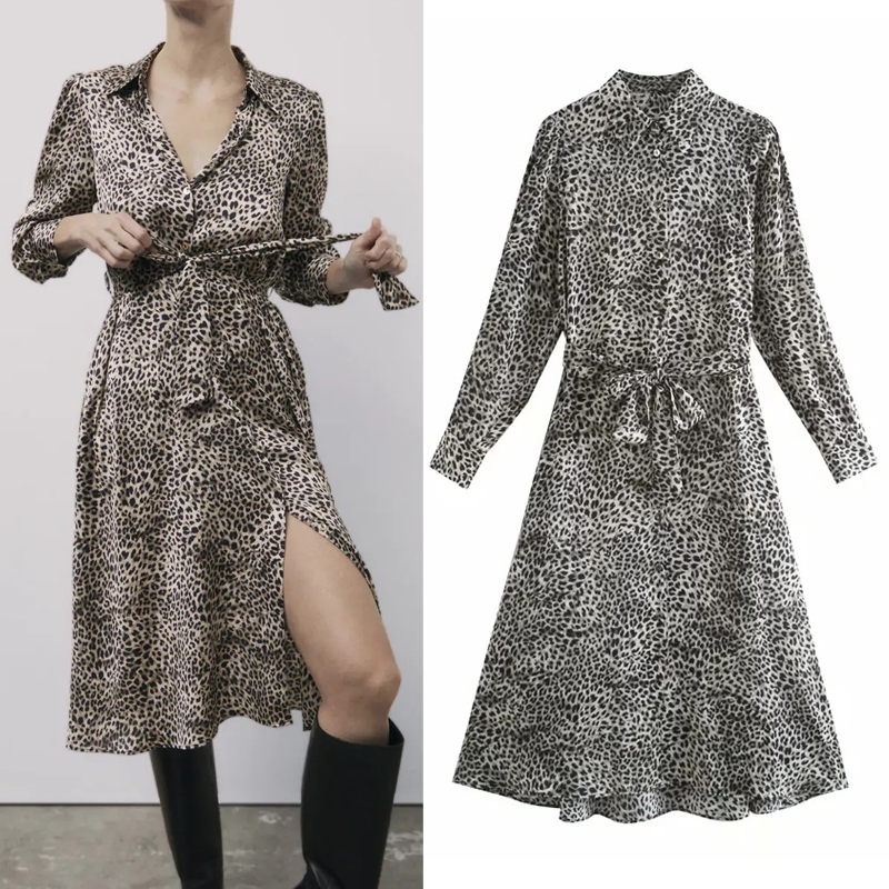 

New 2021 Leopard Print Satin Women Winter Belt Long Sleeve Midi Shirt Dress Woman Vintage Elegant Ladies Dresses 3tc8