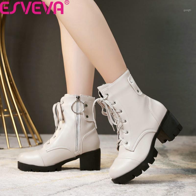 

ESVEVA 2020 Round Toe Lace Up Zipper Casual Ankle Boots Square High Heel PU Leather Autumn Winter Fashion Women Shoes Size 34-431, Beige