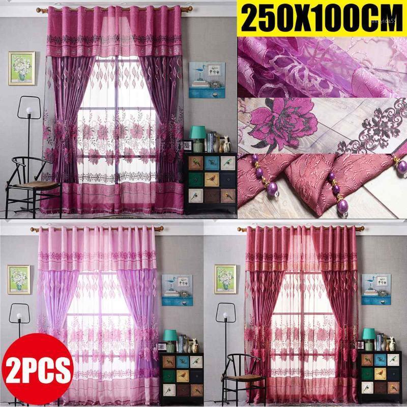 

2Pcs 250x100cm Luxurious Floral Tulle Curtains With Beads For Room Door Window Drape Panel Sheer Scarf Valances Curtain Decor1, Red