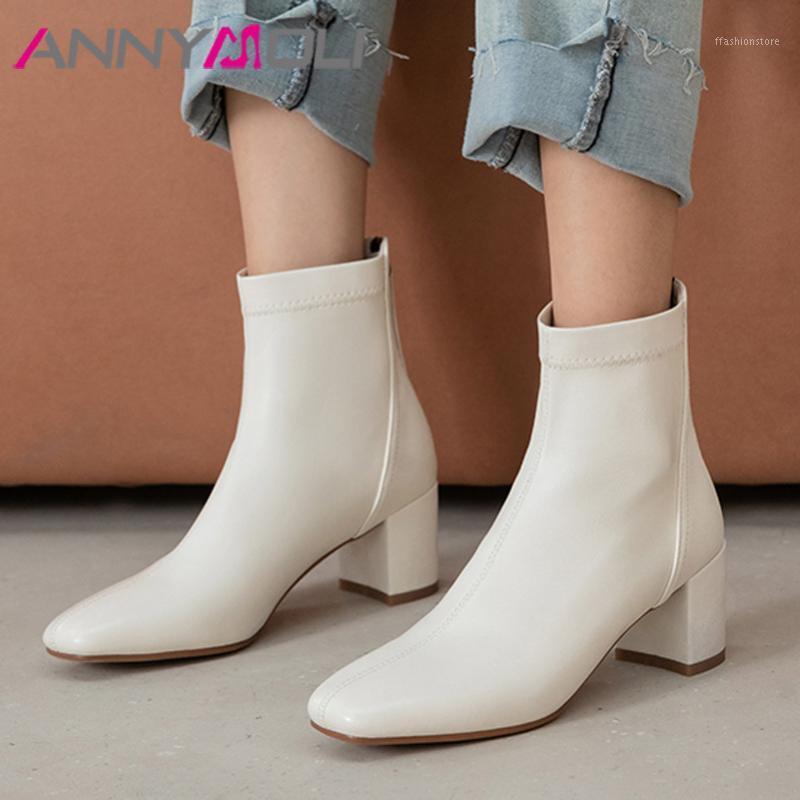 

ANNYMOLI Ankle Boots High Heel Woman Boots Round Toe Block Heel Short Zip Ladies Shoes Autumn Winter Black Beige Size 431, Black velvet lining
