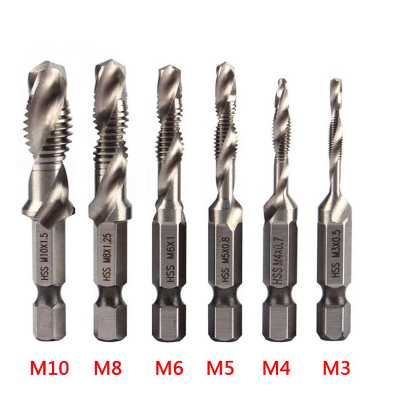 

6Pcs Hex Shank Titanium Plated HSS Screw Thread Metric Tap Drill Bits Screw Machine Compound tap M3 M4 M5 M6 M8 M10 Hand Tools