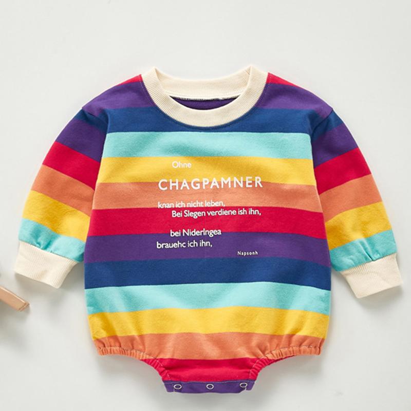 

Infant Baby Boys Girls Rainbow Stripe Jumpsuit Autumn Toddler Baby Cotton Long Sleeve One piece Newborn Boys Girls Romper, Beige