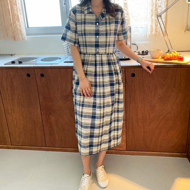 

2020 Summer Women Dress Plus Size - 5XL Plaid Vestidos Loose Short Sleeve Female Dress Button Design Ladies Robe Clothing, Navy