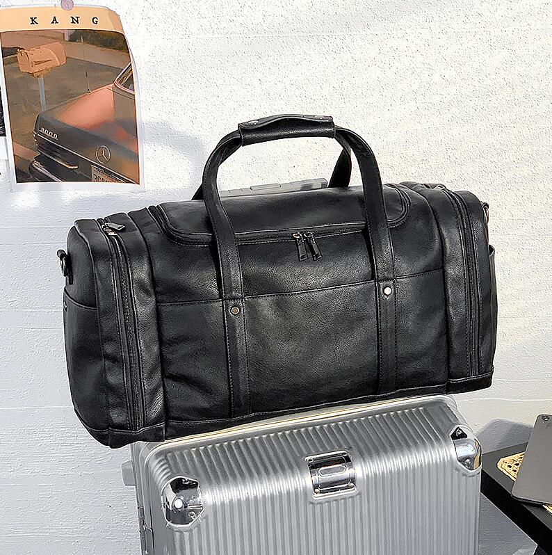 

men bag outdoor sports fitness leisure handbags large multifunctional leather fashion travel bags wet and dry leathers fitnesss handbag, Black