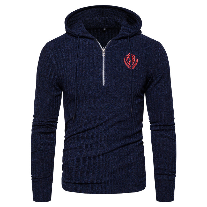 

2021 New Spring Embroidered Hoodied Casual Solid Color Zipper Streetwear Male Sweatshirts Sporty Hoodies Gq1s, Navy