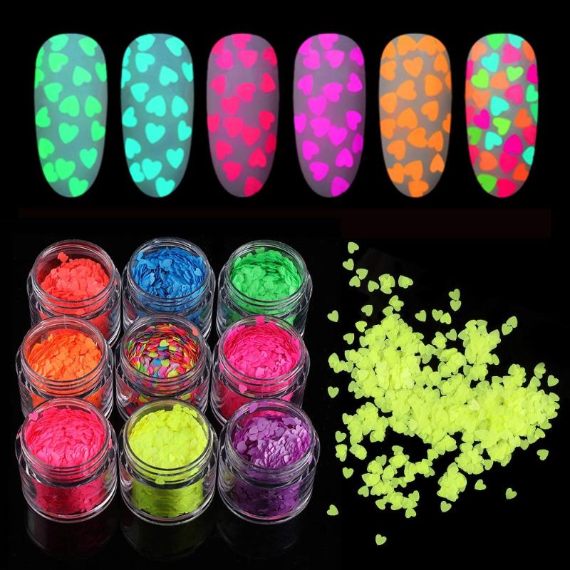 

1 Box New Fashion Luminous Nail Sequins Fluorescent Nail Flakes 3D Glitter Manicure Heart Shaped Glow In Dark Art Decor