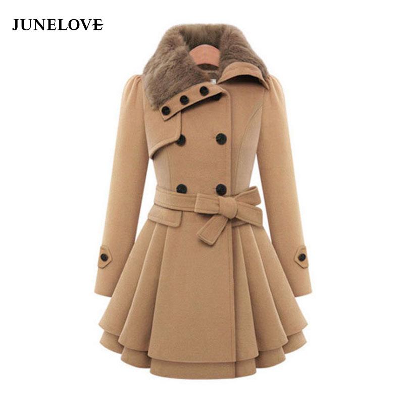 

Women' Wool & Blends Woolen Coat Double Breasted Lapel Long Female Thicken Autumn Winter Slim Belt Pleated Trench Coats Lady Fur Collar Pea, Black