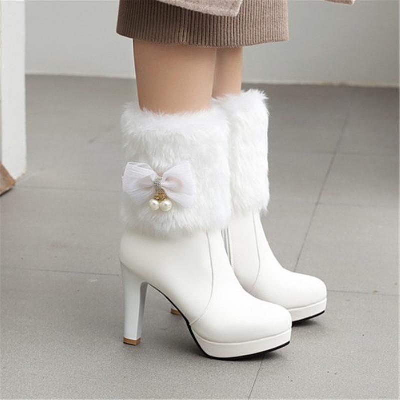 

PXELENA Elegant Butterfly-knot Pearl Women Wedding Boots White Pink Faux Fur High Heels Ankle Boots Dress Party Shoes Plus Size, Black