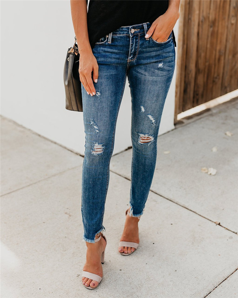 Women Jean Stretch Ripped Distressed Skinny Mid Waist Denim Pants Trousers Slim Laides Jeans Leggings-image-409040492
