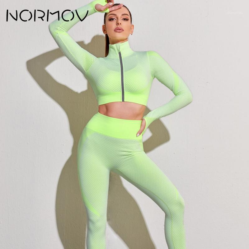 

NORMOV Two Piece Set 2021 New Fitness Set Women Gym Clothes Seamless High Waist Leggings Long Sleeve Crop Top Workout1, Sky blue