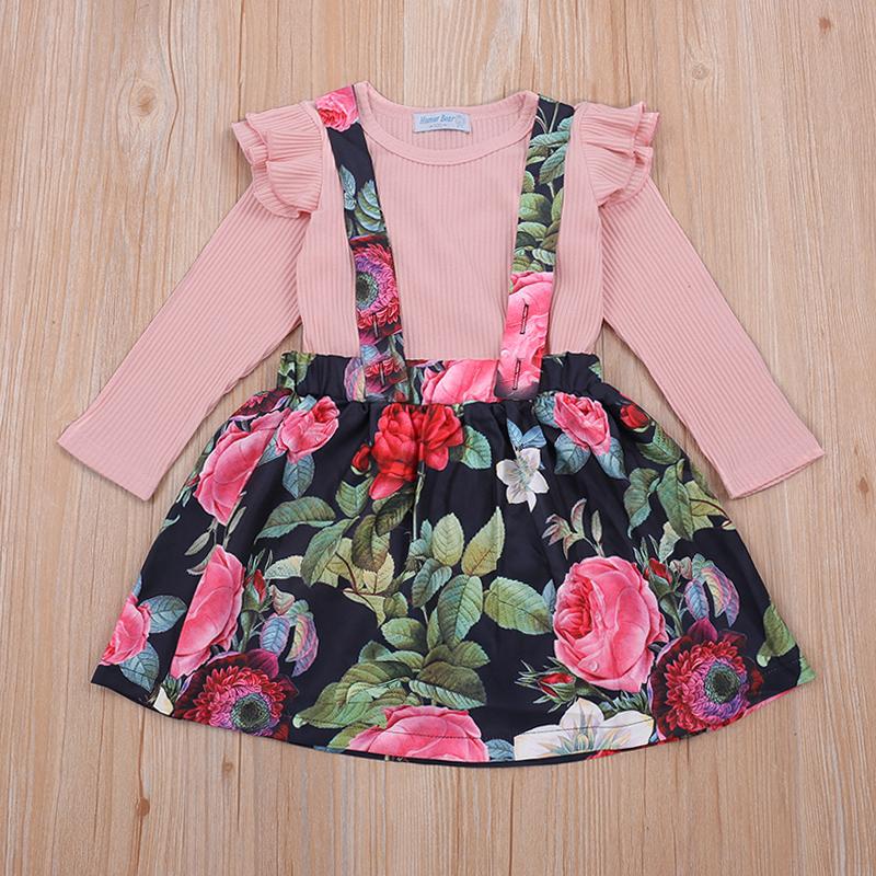 

2020 Baby Girls Clothes Spring Autumn Sets Long Sleeve Shirt + Flower Strap Dress Children Set Cute Kids Clothes Girls, 042 pink