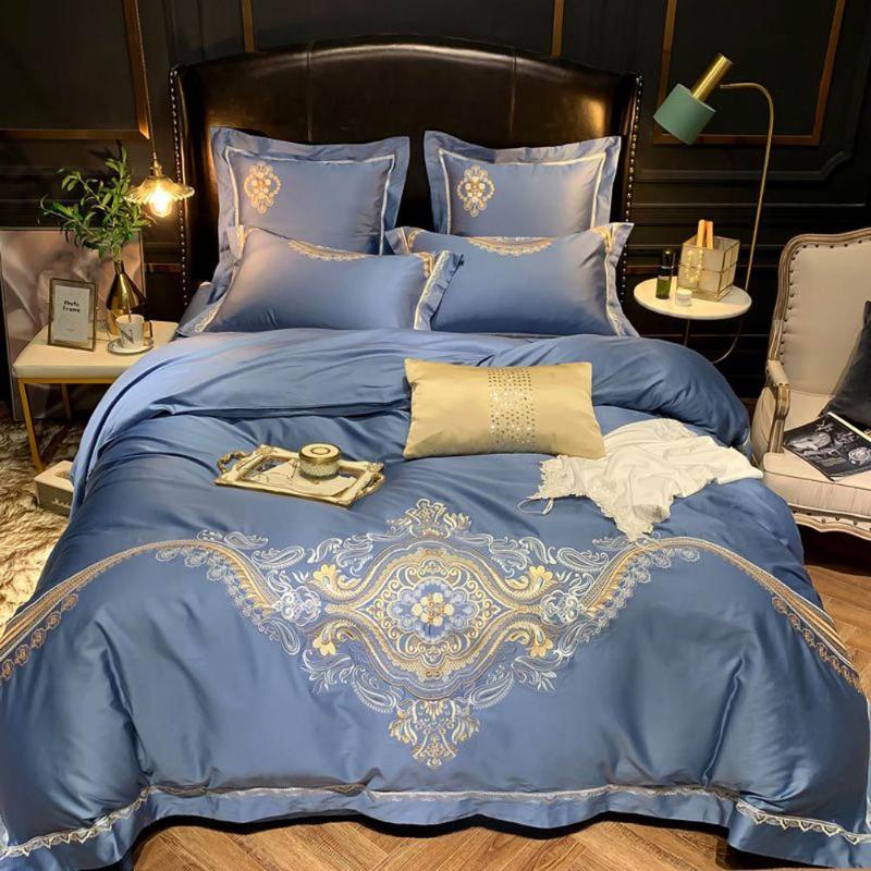 

Papa&Mima Blue Bohemian Paisley Egyptian Cotton Bedding Set Embroidery Queen King Size Duvet Cover Fitted Sheet Pillow Shams, 20205011